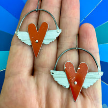 Load image into Gallery viewer, Rustic Scarlet Winged Hearts Tin Earrings
