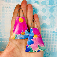 Load image into Gallery viewer, Bright Pink Watercolor Flowers Long Fans Tin Earrings