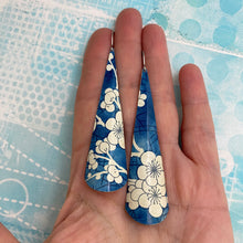 Load image into Gallery viewer, Blue Jean Plum Blossoms Long Drop Tin Earrings