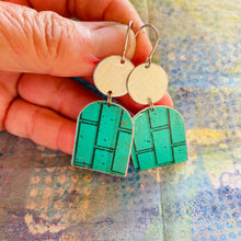 Load image into Gallery viewer, Teal Subway Tile Wide Arch Upcycled Tin Earrings