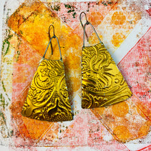 Load image into Gallery viewer, Golden Embossed Upcycled Tin Long Fans Earrings