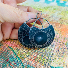Load image into Gallery viewer, Spirograph on Black Circles Tin Earrings