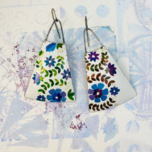 Load image into Gallery viewer, Beautiful Blue Blossoms Upcycled Tin Long Fans Earrings