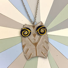 Load image into Gallery viewer, Gold Swirl Eyed Owl Upcycled Tin Necklace