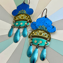 Load image into Gallery viewer, Shimmery Vintage Blues Tin Chandelier Earrings