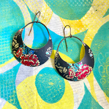 Load image into Gallery viewer, Bright Red Blossoms Crescent Circle Tin Earrings