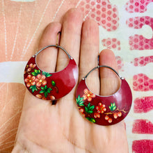 Load image into Gallery viewer, Pink Blossoms on Burgundy Crescent Circles Tin Earrings