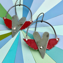 Load image into Gallery viewer, Rustic Gunmetal Winged Hearts Tin Earrings
