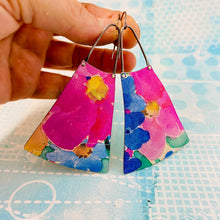 Load image into Gallery viewer, Bright Pink Watercolor Flowers Long Fans Tin Earrings