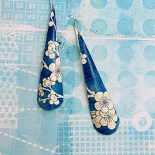 Load image into Gallery viewer, Blue Jean Plum Blossoms Long Drop Tin Earrings