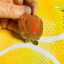 Load image into Gallery viewer, Vintage Orange-y Red Seedpod Drop Tin Earrings