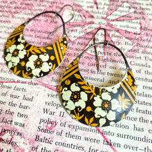 Load image into Gallery viewer, Creamy Blossoms on Mustard Crescent Circle Tin Earrings