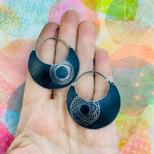 Load image into Gallery viewer, Matte Midnight Spirograph Crescent Circles Tin Earrings