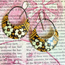 Load image into Gallery viewer, Creamy Blossoms on Mustard Crescent Circle Tin Earrings