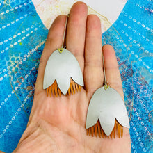 Load image into Gallery viewer, Matte Silver &amp; Pumpkin Fancy Tulips Tin Earrings