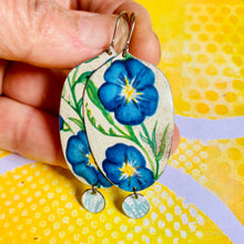 Load image into Gallery viewer, True Blue Blossoms Seedpod Drop Tin Earrings