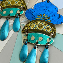 Load image into Gallery viewer, Shimmery Vintage Blues Tin Chandelier Earrings