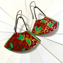 Load image into Gallery viewer, Leafy Greens on Crimson Fan Earrings