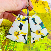 Load image into Gallery viewer, Dogwood Blossoms Upcycled Tin Long Fans Earrings