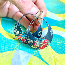 Load image into Gallery viewer, Bright Red Blossoms Crescent Circle Tin Earrings