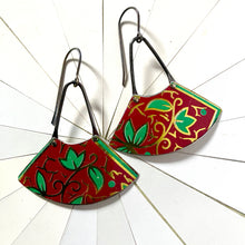 Load image into Gallery viewer, Leafy Greens on Crimson Fan Earrings