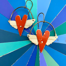 Load image into Gallery viewer, Rustic Scarlet Winged Hearts Tin Earrings