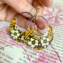 Load image into Gallery viewer, Creamy Blossoms on Mustard Crescent Circle Tin Earrings