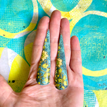 Load image into Gallery viewer, Blue Jean &amp; Palest Pink Flowers Long Drop Tin Earrings