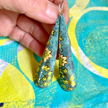 Load image into Gallery viewer, Blue Jean &amp; Palest Pink Flowers Long Drop Tin Earrings