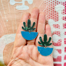 Load image into Gallery viewer, Succulents in Bright Blue Pots Upcycled Tin Earrings