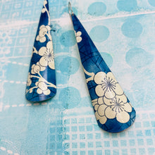 Load image into Gallery viewer, Blue Jean Plum Blossoms Long Drop Tin Earrings