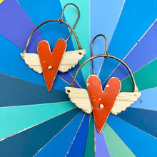 Load image into Gallery viewer, Rustic Scarlet Winged Hearts Tin Earrings