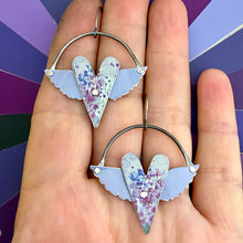 Load image into Gallery viewer, Pale Lilac Winged Hearts Tin Earrings