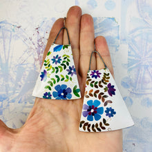 Load image into Gallery viewer, Beautiful Blue Blossoms Upcycled Tin Long Fans Earrings