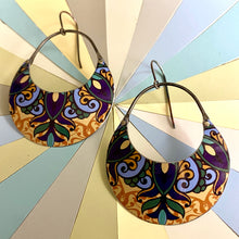 Load image into Gallery viewer, Purple &amp; Straw Mandala Crescent Circle Earrings