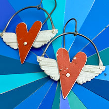 Load image into Gallery viewer, Rustic Scarlet Winged Hearts Tin Earrings