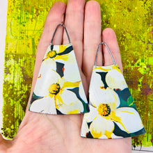 Load image into Gallery viewer, Dogwood Blossoms Upcycled Tin Long Fans Earrings