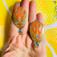 Load image into Gallery viewer, Vintage Orange-y Red Seedpod Drop Tin Earrings