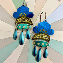 Load image into Gallery viewer, Shimmery Vintage Blues Tin Chandelier Earrings
