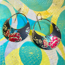 Load image into Gallery viewer, Bright Red Blossoms Crescent Circle Tin Earrings