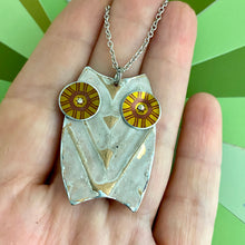 Load image into Gallery viewer, Bronze Eyed Owl Upcycled Tin Necklace