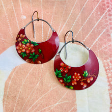 Load image into Gallery viewer, Pink Blossoms on Burgundy Crescent Circles Tin Earrings