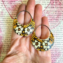 Load image into Gallery viewer, Creamy Blossoms on Mustard Crescent Circle Tin Earrings