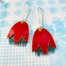 Load image into Gallery viewer, Scarlet and Teal Fancy Tulips Tin Earrings