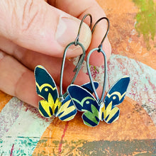 Load image into Gallery viewer, Midnight Blue &amp; Gold Small Butterflies Upcycled Tin Earrings