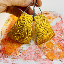 Load image into Gallery viewer, Golden Embossed Upcycled Tin Long Fans Earrings