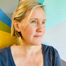 Load image into Gallery viewer, Golden Embossed Upcycled Tin Long Fans Earrings