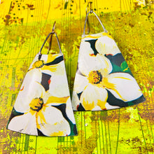 Load image into Gallery viewer, Dogwood Blossoms Upcycled Tin Long Fans Earrings