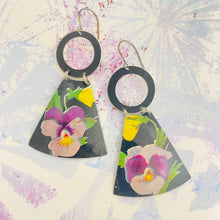 Load image into Gallery viewer, Purple Pansies on Midnight Small Fans Tin Earrings
