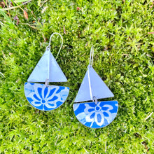 Load image into Gallery viewer, Watercolor Blue Flowers Upcycled Tin Sailboat Earrings